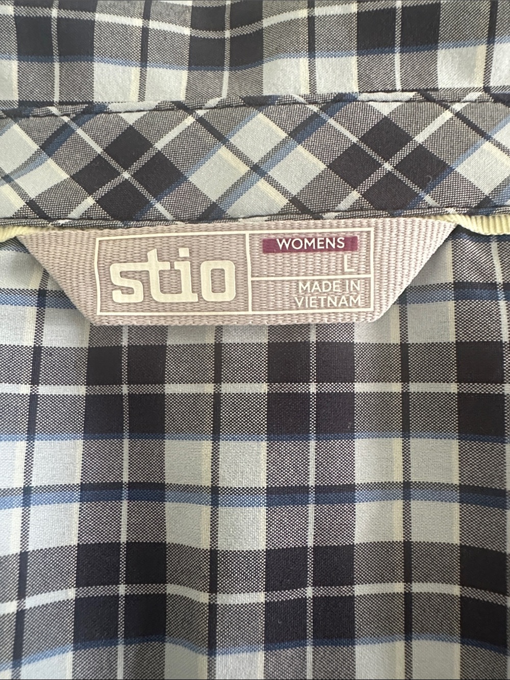 Stio Women's Light Blue and Navy Plaid Button-Up Blouse